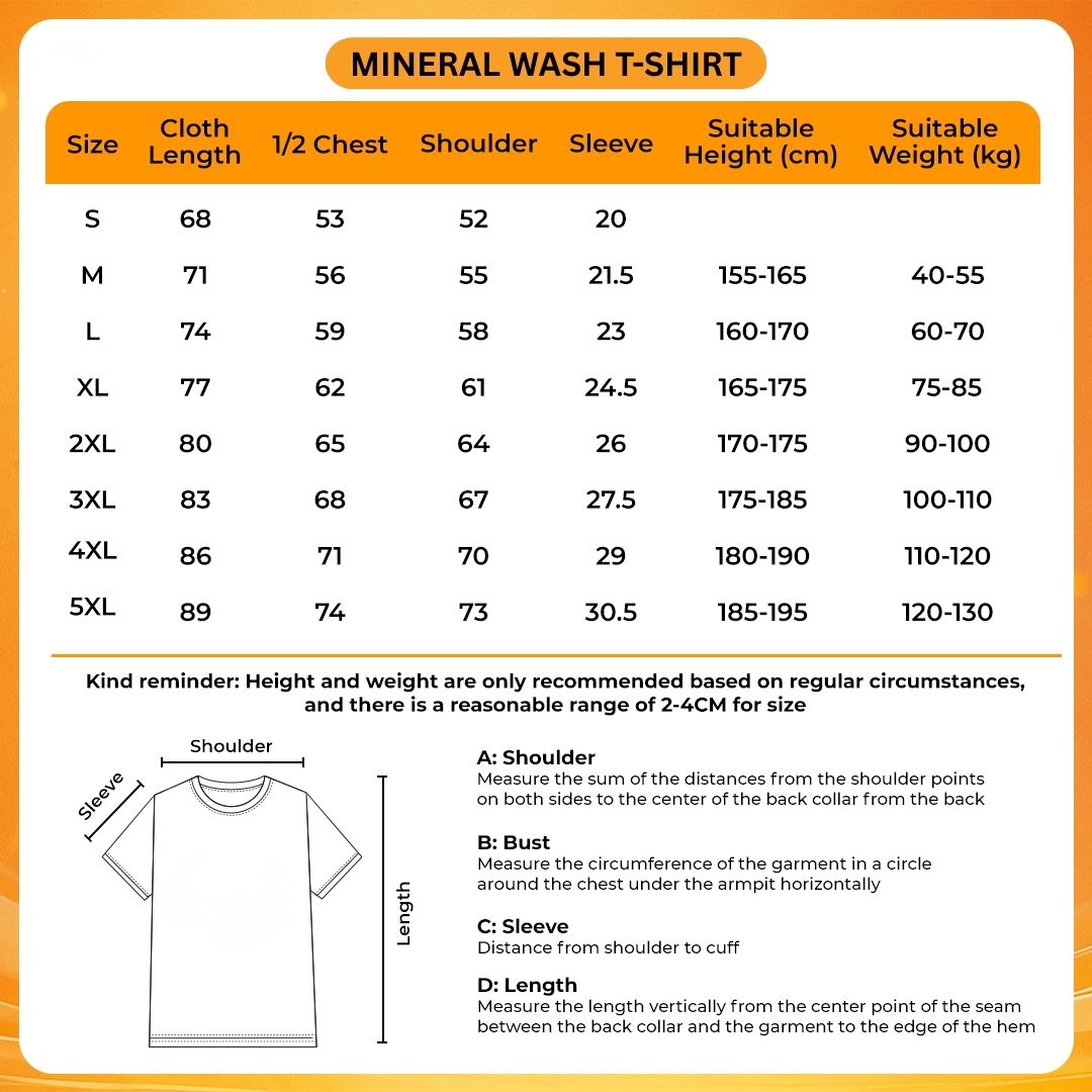 Mineral Wash T Shirt Size Chart - Silent Hill UK Shop