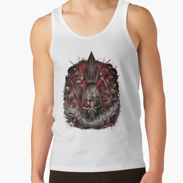 Pyramid Head Silhouette Silent Hill 2 Remake Fog Horror Red Pyramid Thing Sticker Tank Top - Image 2