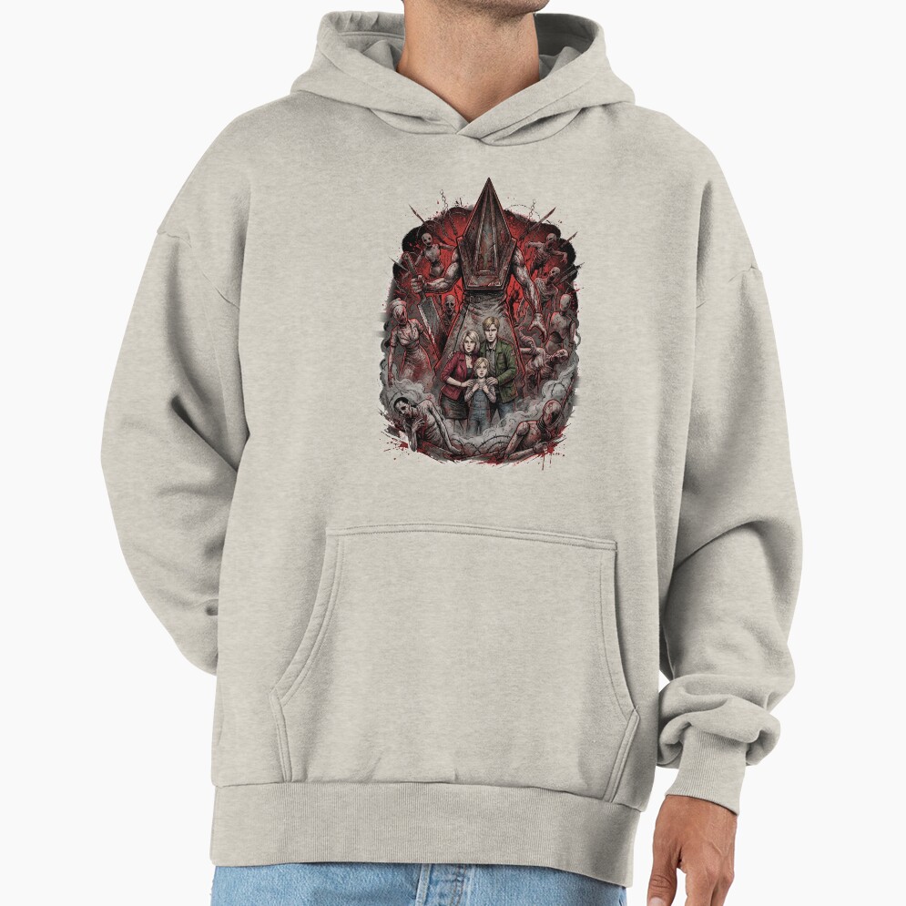 Pyramid Head Silhouette Silent Hill 2 Remake Fog Horror Red Pyramid Thing Sticker Hoodie - Image 3